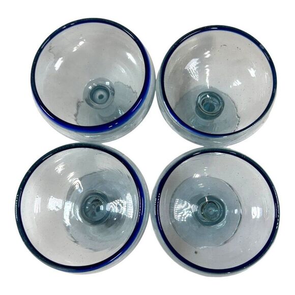 Set Of 4 Cobalt Blue Vintage Rimmed Margarita Glasses Recylced Glass Wide Base - Picture 2 of 5